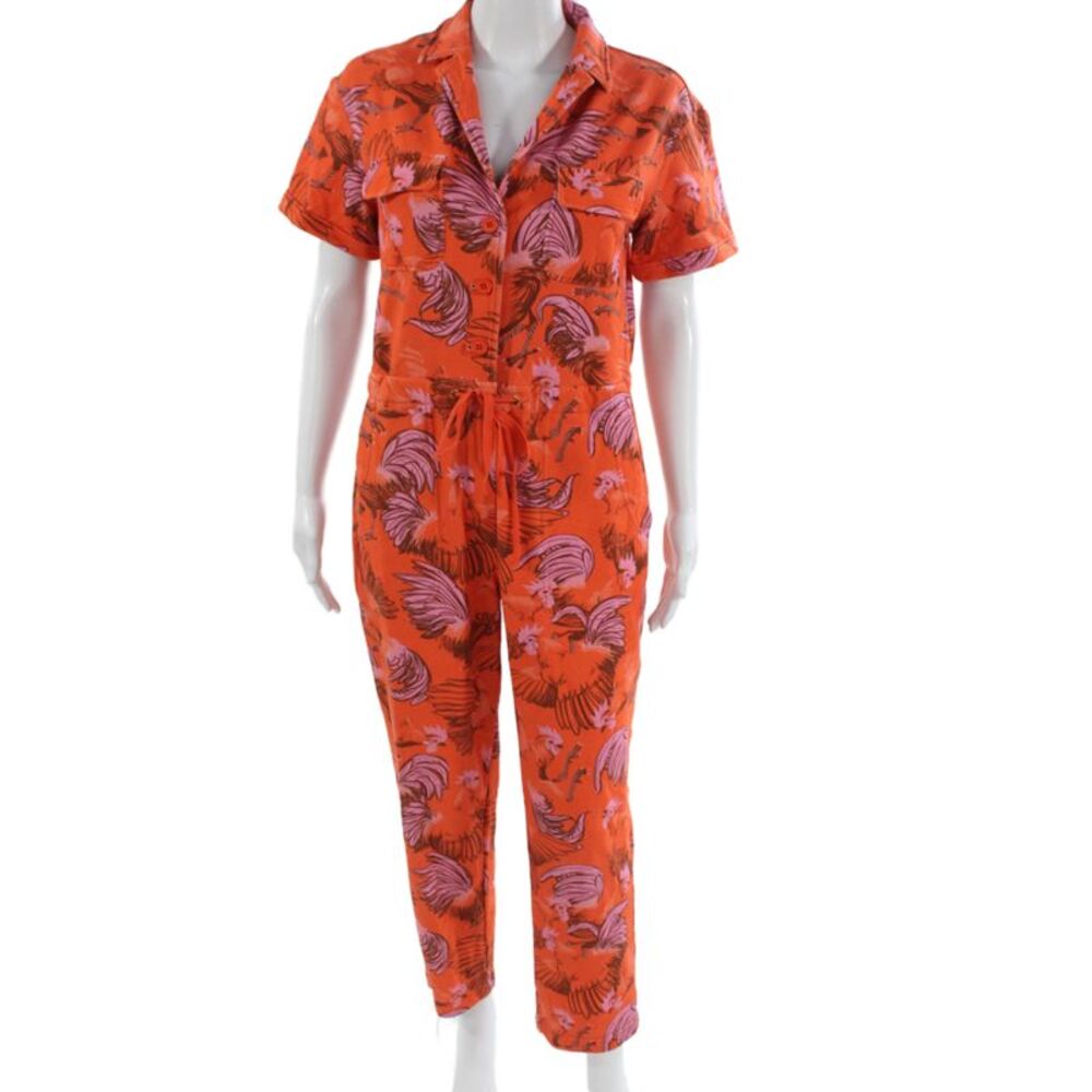 Rachel Antonoff Womens Orange Animal Print Collared Short Sleeve Jumpsuit Size S